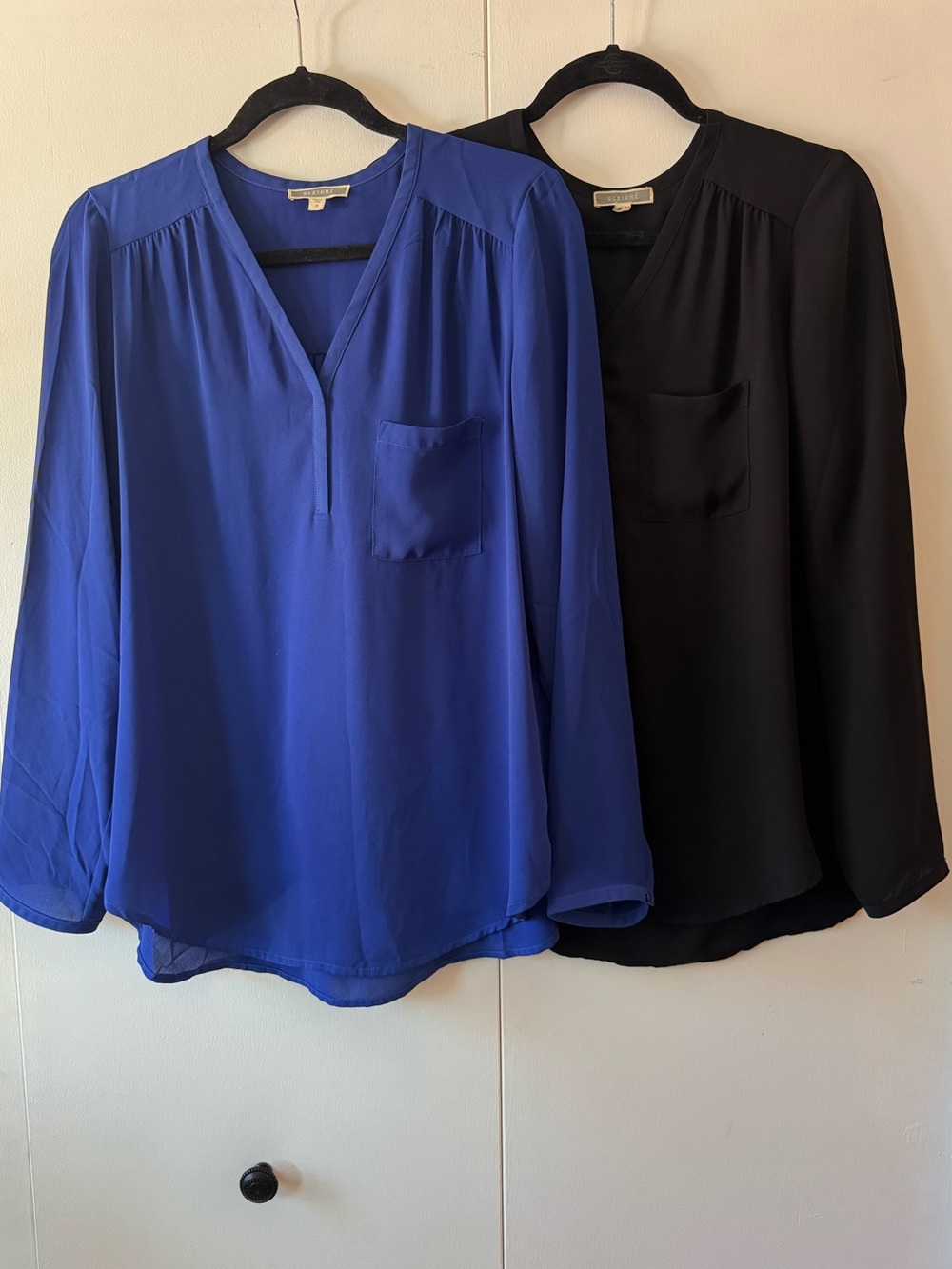 Pleione Royal Blue and Black V-Neck Long Sleeve Blouse Duo